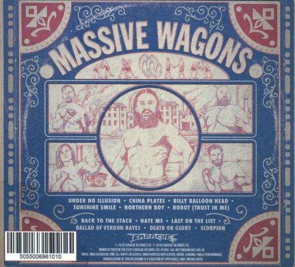 Albumcover: 'Massive Wagons'. Bandmitglieder in Kreisen. Songtitel unten. Blaue, rote und beige Farben.