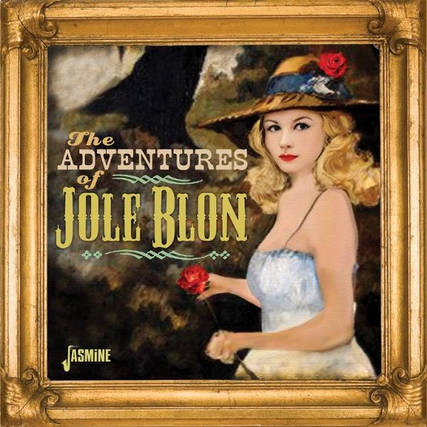 Gemälde einer Frau mit Hut und roter Rose, die eine Rose hält. Der Text lautet 'The Adventures of Jole Blon' in einem verzierten Rahmen.