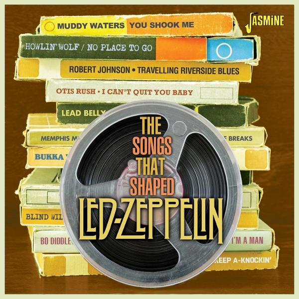 Albumcover mit gestapelten Schallplatten. Eine Bandrolle mit dem Text 'The Songs That Shaped Led Zeppelin' ist zentriert. Titel von Songs und Künstlern sind sichtbar.