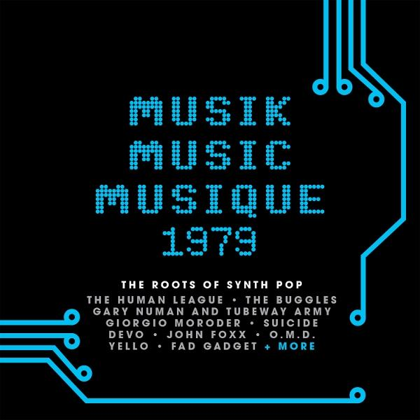 Albumcover für 'Musik, Music, Musique 1979'. Blauer Text auf Schwarz. Enthält Namen von Künstlern und ein Leiterplattendesign.