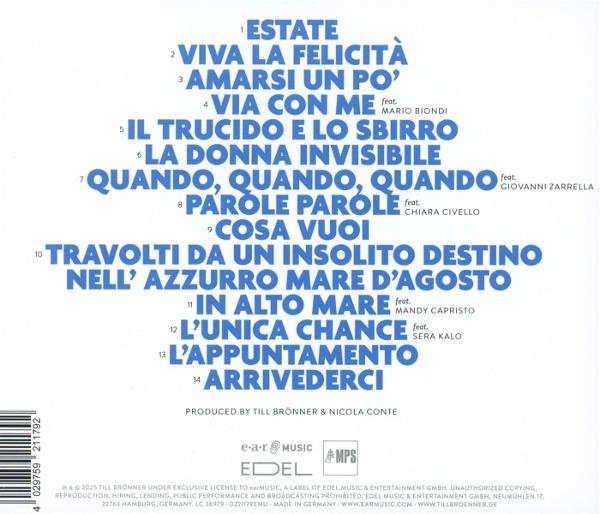 Albumcover mit blauem Text, der Songtitel und Künstlernamen auflistet. Enthält Logos und Produktionsnachweise unten.
