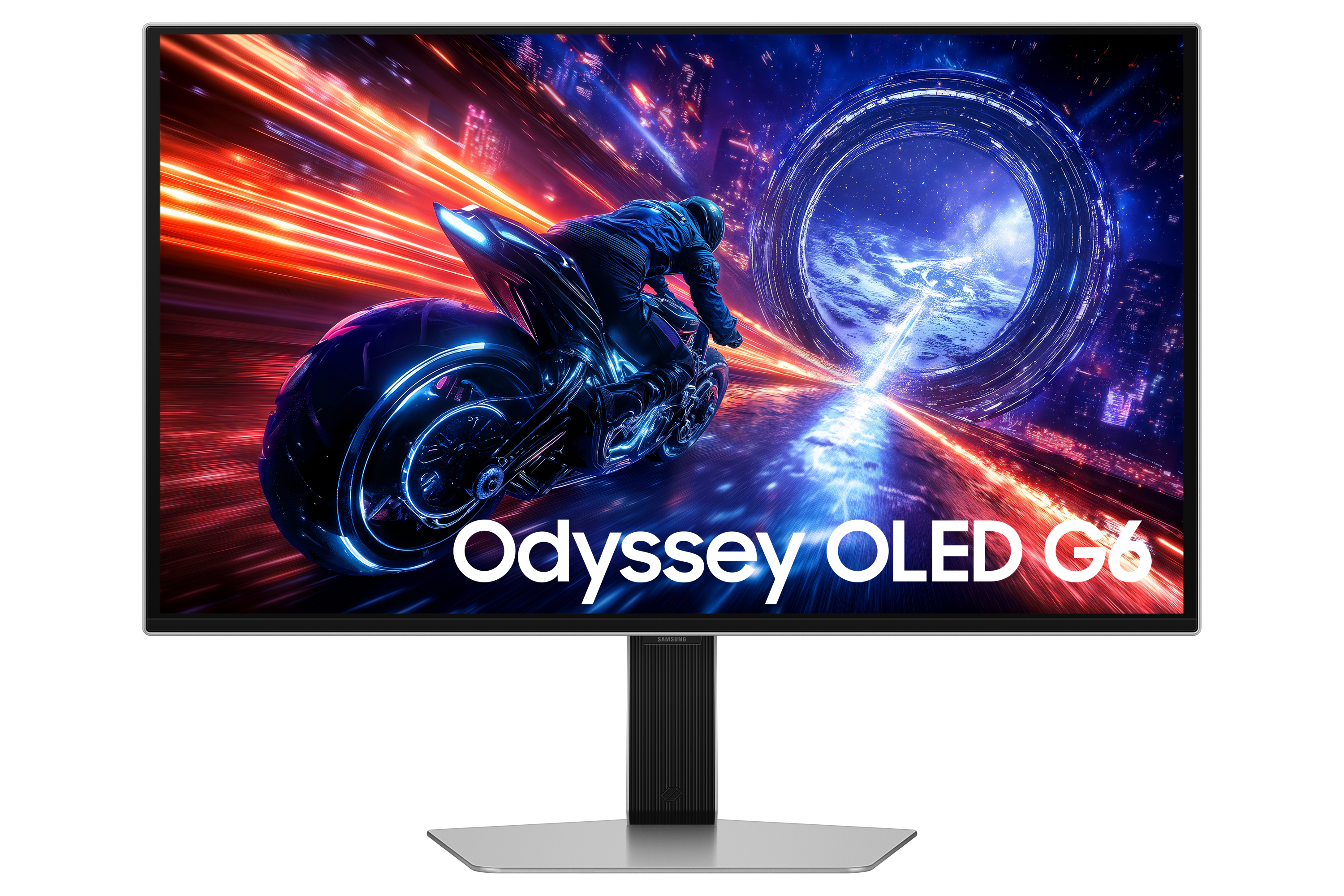 Monitör, 'Odyssey OLED G6' yazısıyla birlikte, neon ışıklı bir tünelden geçen fütüristik bir motosikleti gösteriyor.