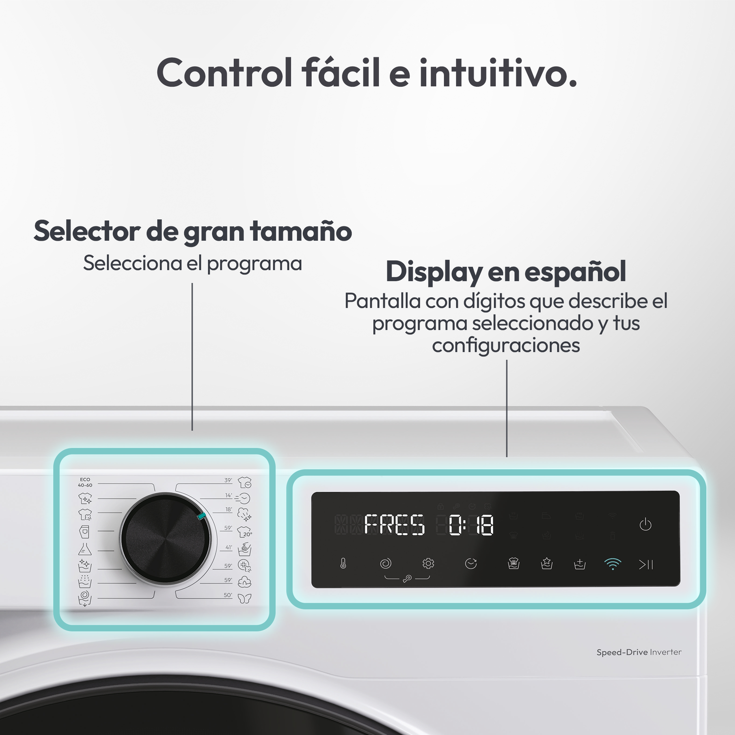 Panel de control de lavadora. Cuenta con una perilla selectora de programas grande, pantalla digital e iconos. La pantalla muestra 'FRES 0:18'.