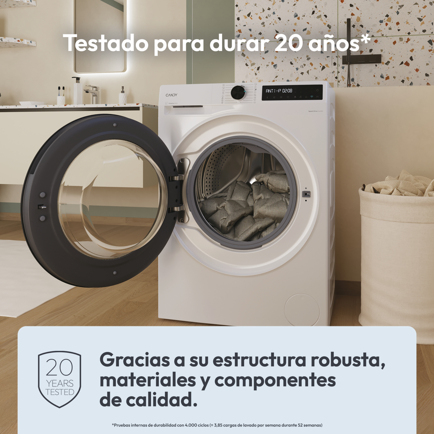 Una lavadora con la puerta abierta. La máquina es blanca, con una puerta gris oscura y una pantalla digital.