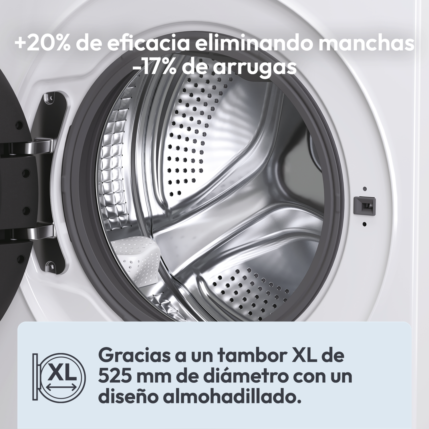 Interior de lavadora con texto sobre eliminación de manchas y reducción de arrugas. Destaca un tambor XL con diseño acolchado.