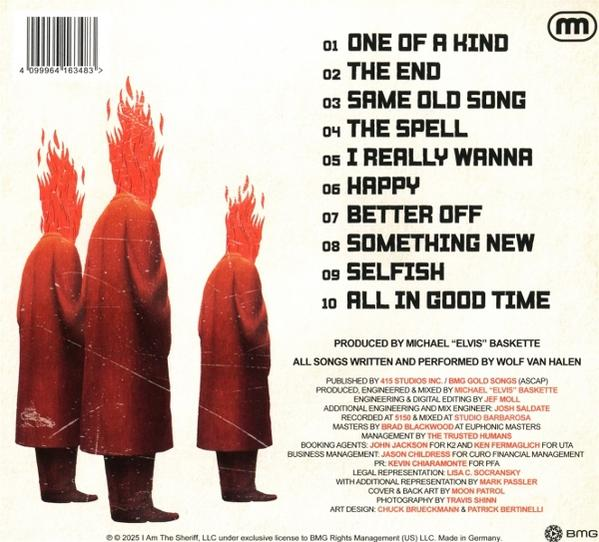 Albumcover: Drei Figuren in roten Roben mit brennenden Köpfen. Text listet Songtitel und Credits.