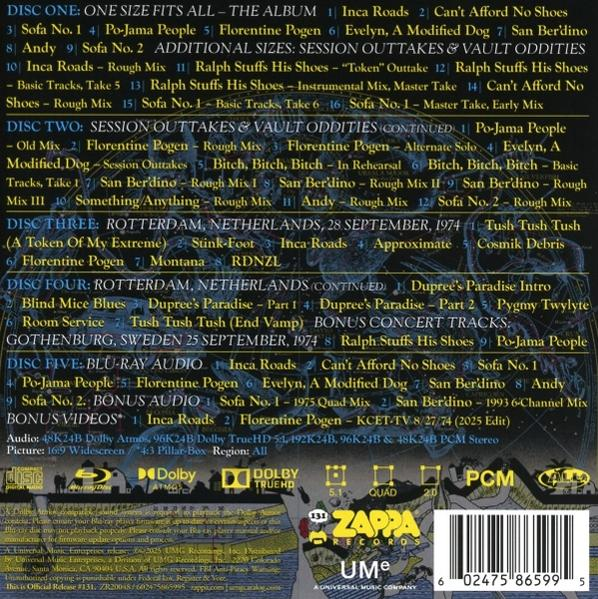 Albumcover listet Songtitel und Credits mit einem Zappa Records Logo. Verschiedene Disc-Details und Audiospezifikationen sind enthalten.