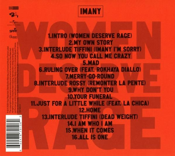 Albumcover mit dem Wort IMANY, Trackliste auf rotem Hintergrund. Der Text ist weiß.