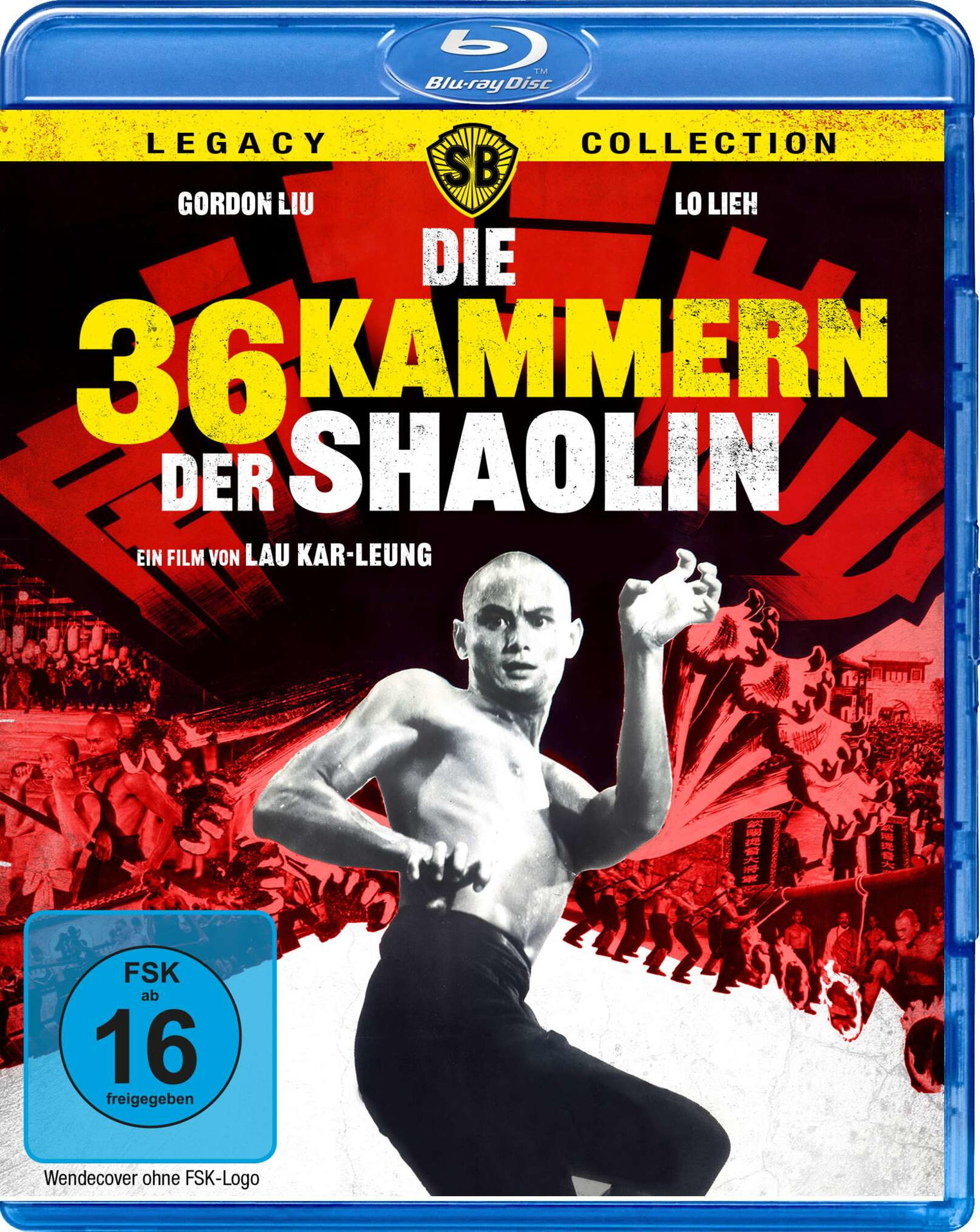 Blu-ray-Cover: Die 36 Kammern der Shaolin. Mann in schwarzer Hose. Roter und gelber Text. Blu-ray-Logo oben rechts.