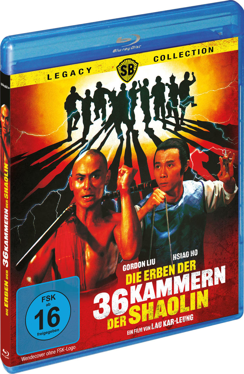 Blu-ray-Cover für '36th Chamber of Shaolin'. Zeigt zwei Männer in Kampfkunstkleidung mit einer Gruppensilhouette im Hintergrund.