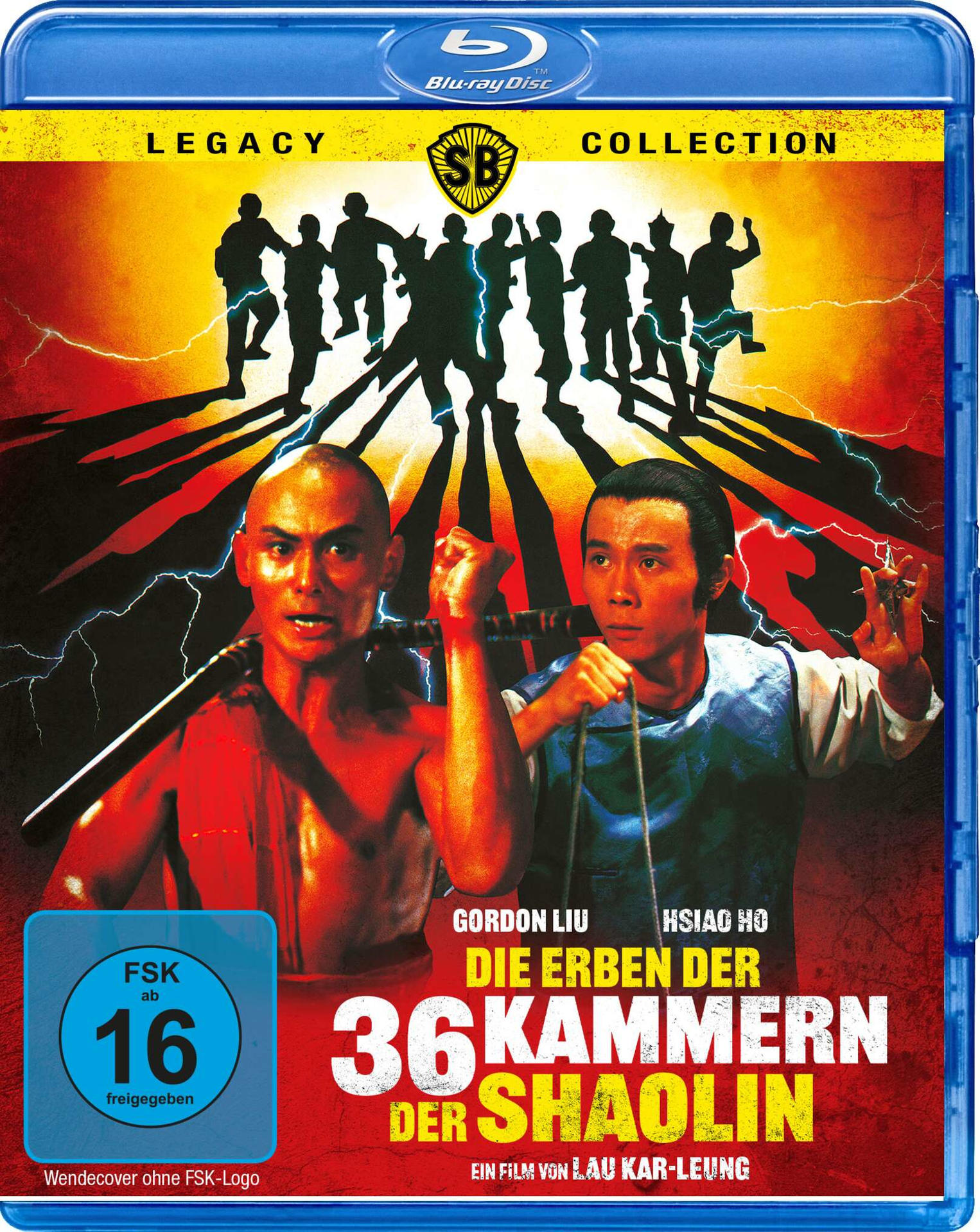 Blu-ray-Cover mit zwei Kampfsportlern, Titel 'Die Erben Der 36 Kammern Der Shaolin'. Silhouetten von kämpfenden Figuren oben.