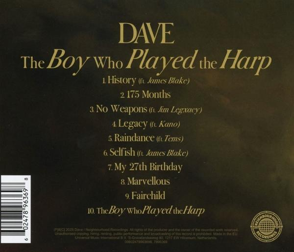 Albumcover: Titel 'The Boy Who Played the Harp' von Dave. Enthält Titelliste und Labelinformationen auf dunklem Hintergrund.