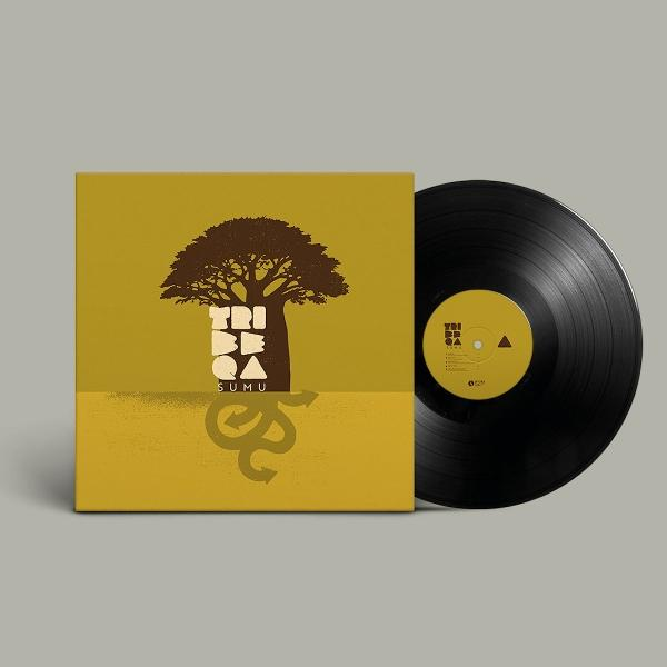 Albumcover und Schallplatte. Das Cover ist gelb mit einem Baumlogo und Text. Die Schallplatte ist schwarz mit gelbem Label.