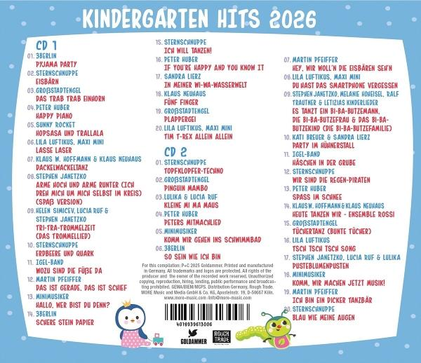CD-Cover. Titel: Kindergarten Hits 2026. Enthält Album-Trackliste, farbenfrohes Design, Cartoon-Pinguin und Raupe.