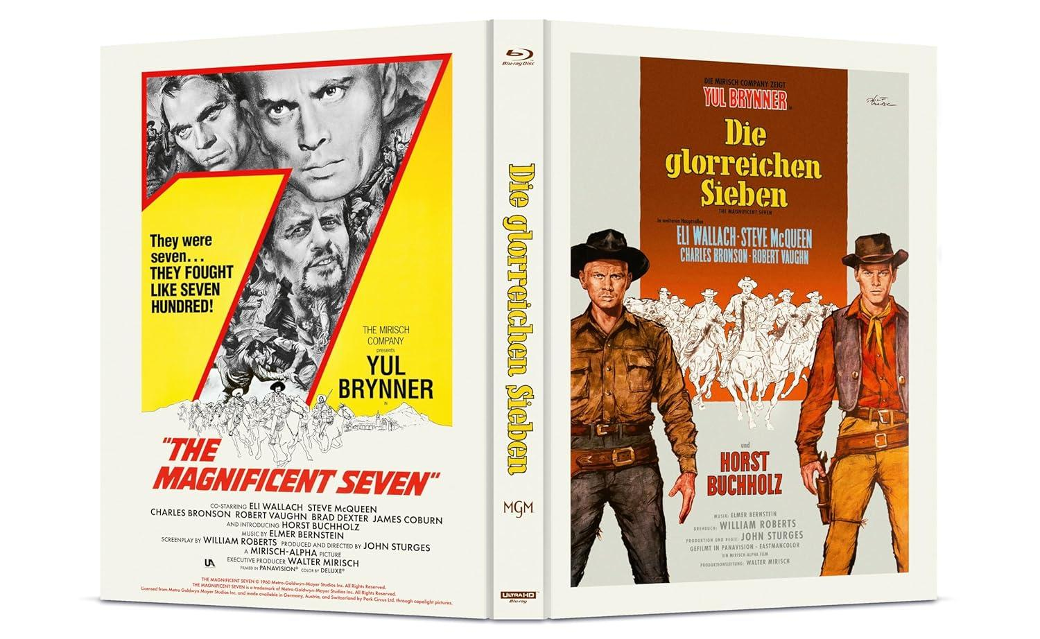 Blu-ray-Cover mit Filmpostern von 'The Magnificent Seven' und 'Die glorreichen Sieben' mit Schauspielern und Text.