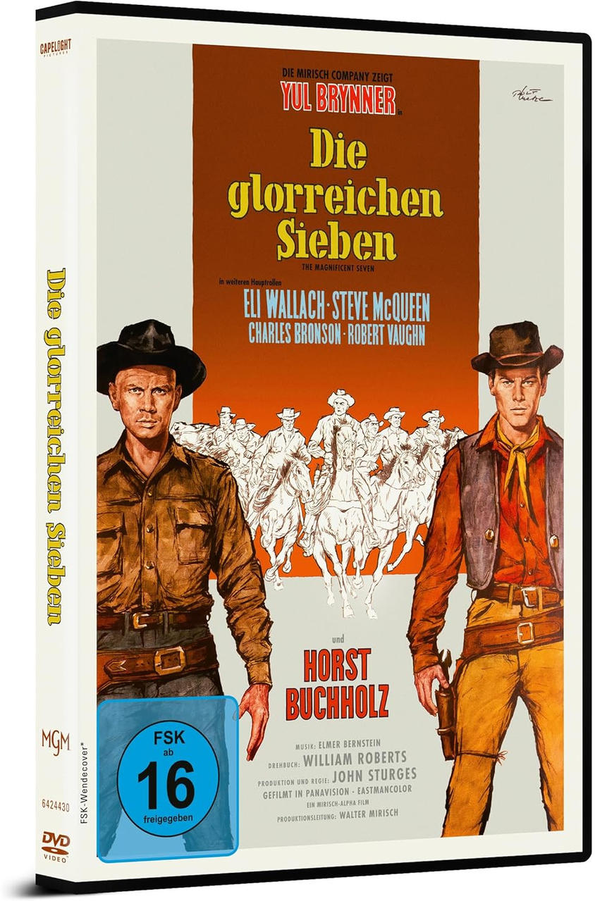DVD-Cover von 'Die glorreichen Sieben'. Cowboys auf Pferden im Hintergrund, zwei Männer im Vordergrund. Text auf Deutsch.