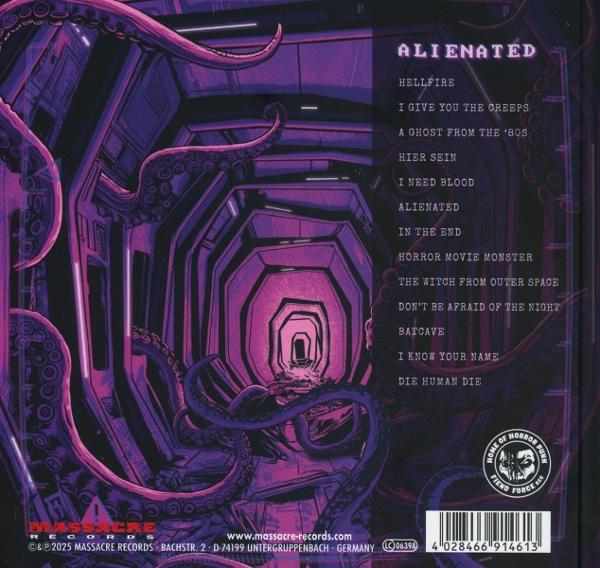 Lila Science-Fiction-Tunnel mit Tentakeln. Text enthält Alienated, Hellfire und andere Songtitel. Ein Logo und Barcode sind sichtbar.