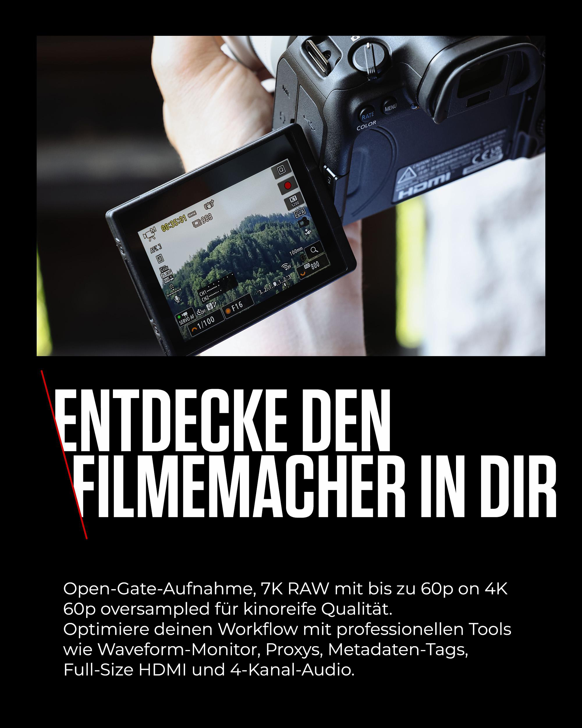 Eine Hand hält eine Kamera mit Bildschirm, der eine Waldansicht zeigt. Text: 'Entdecke den Filmemacher in dir'.