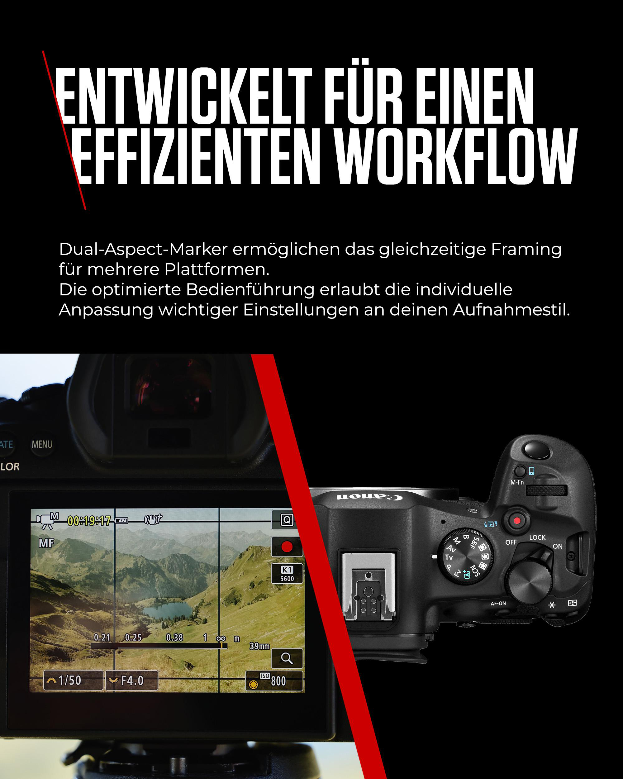 Kamera mit Landschaftsansicht auf dem Bildschirm, schwarzes Gehäuse und Text darüber.