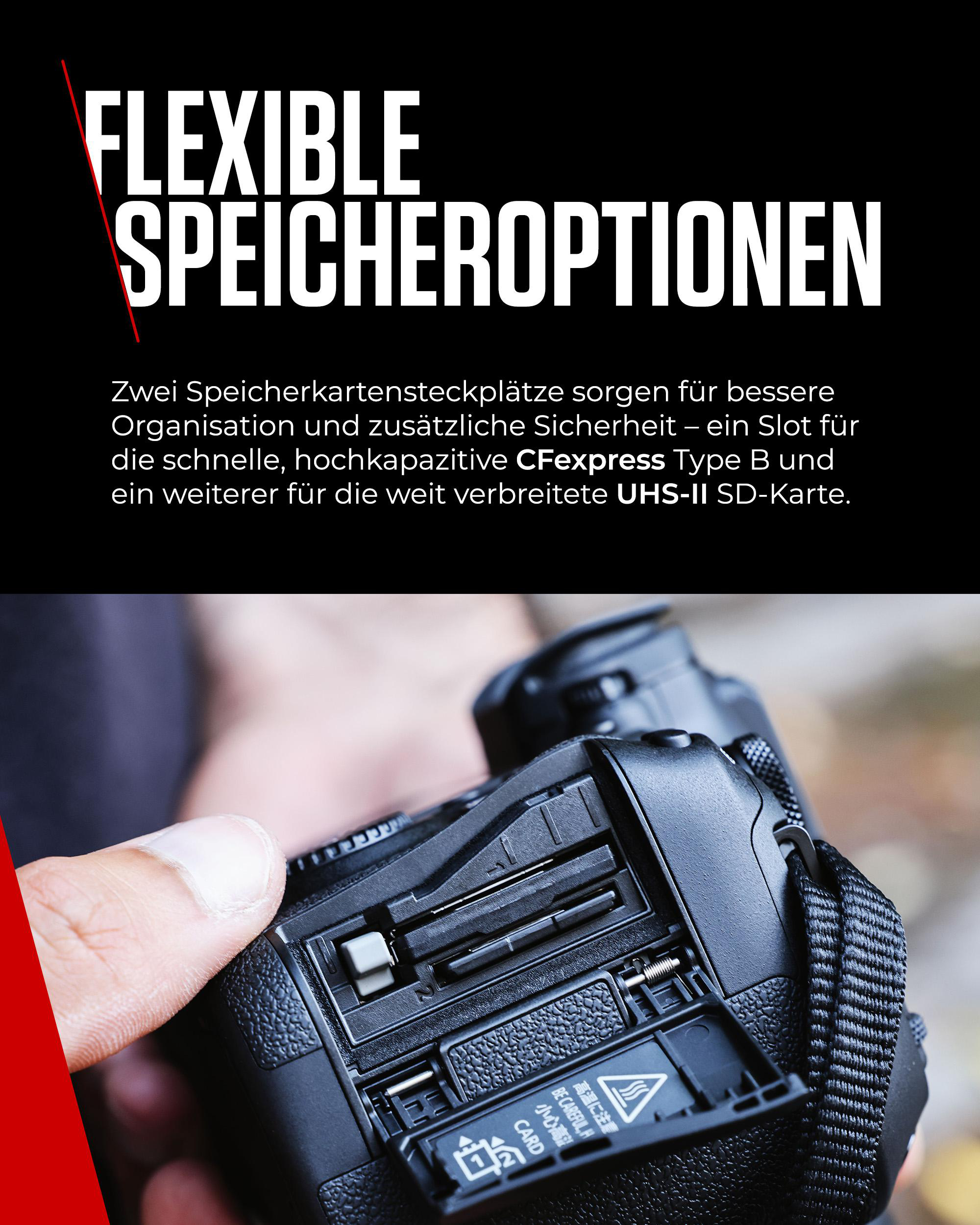 Eine Hand hält eine Kamera mit offenem Speicherkartensteckplatz, Text sagt Flexible Speicheroptionen.