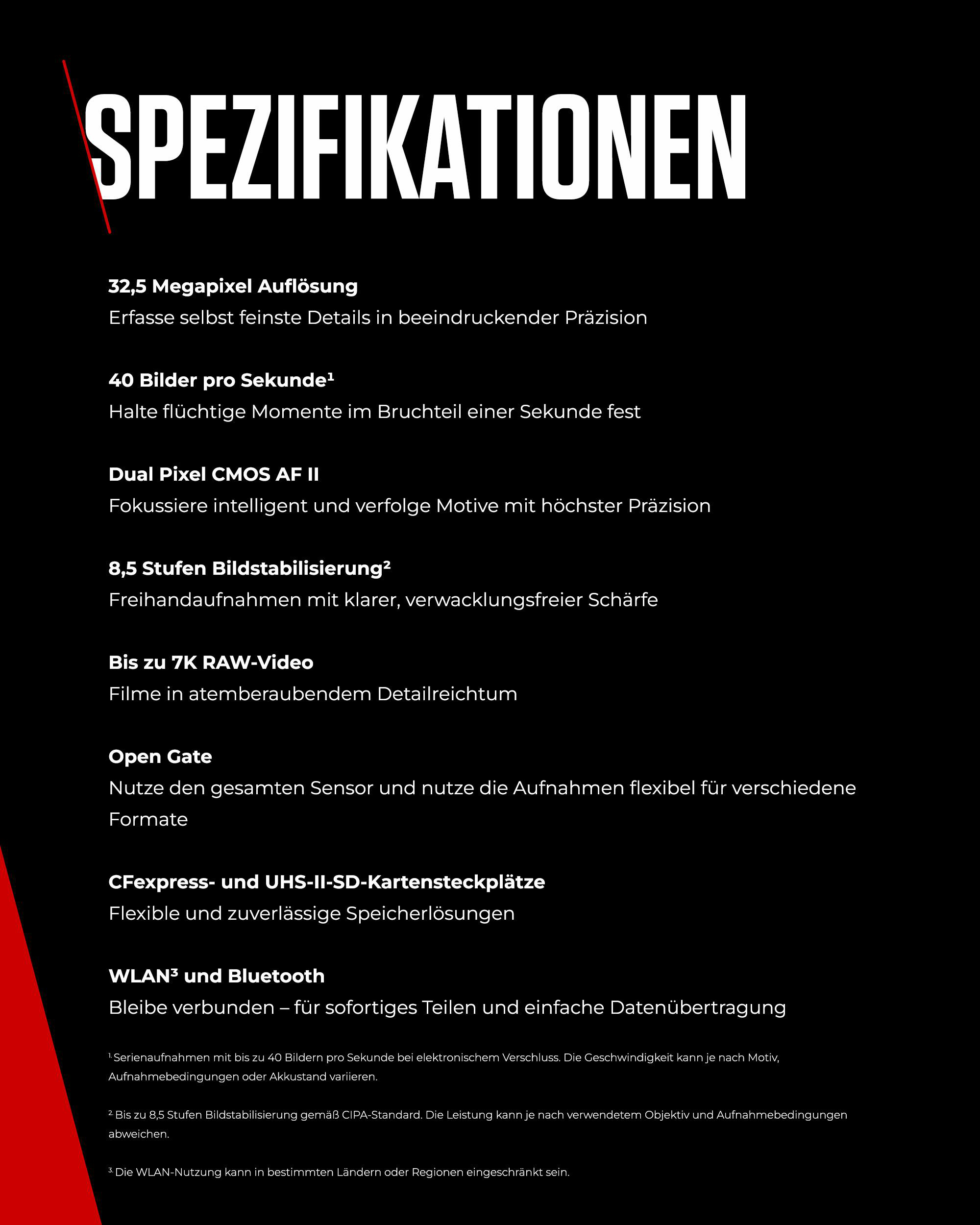 Schwarzer Hintergrund mit weißem Text, der Kameraspezifikationen auflistet. Roter Streifen links.