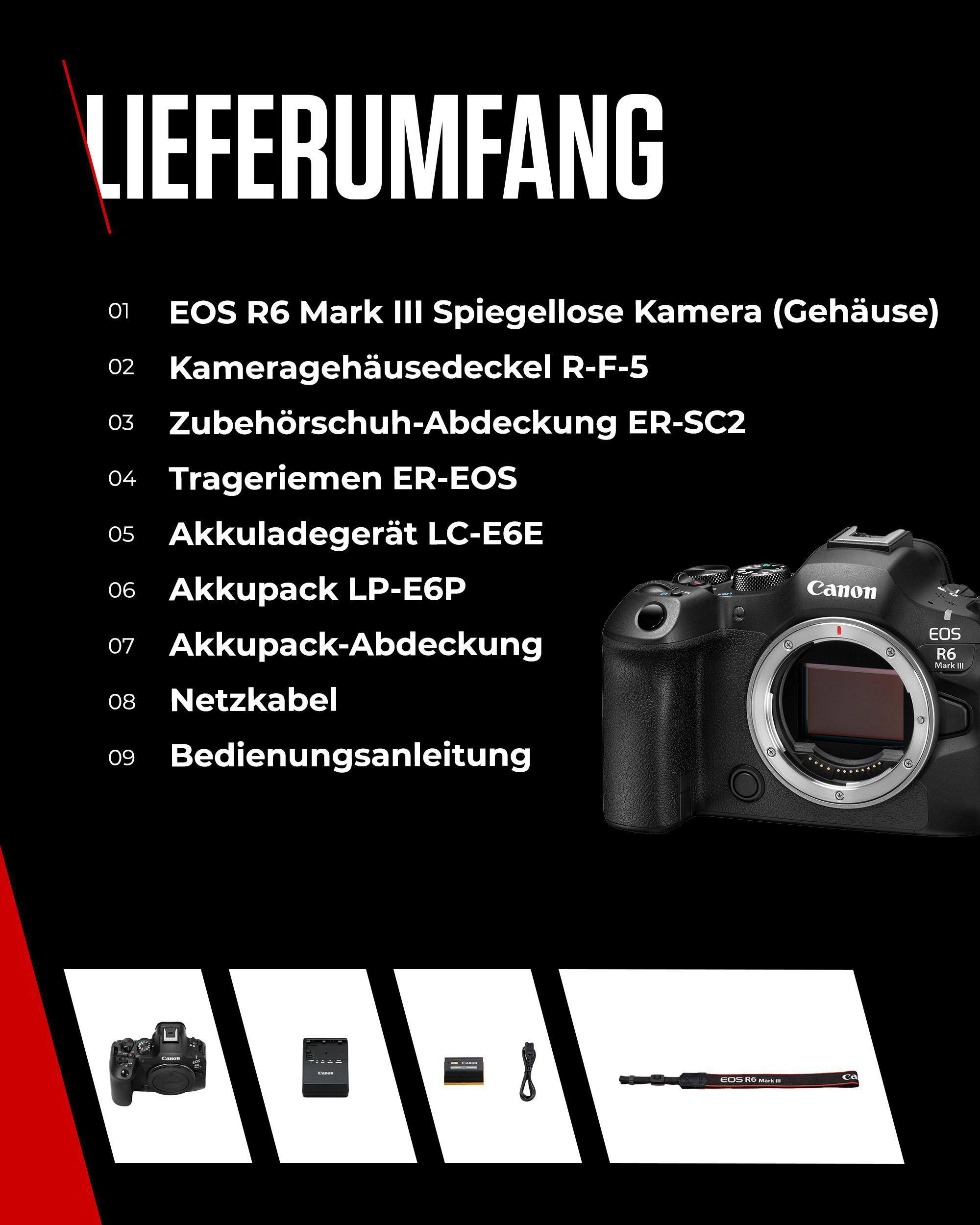 Das Bild zeigt Kameraausrüstungskomponenten, darunter eine Kamera, ein Ladegerät, ein Akku, Kabel und ein Gurt, auf schwarzem Hintergrund.