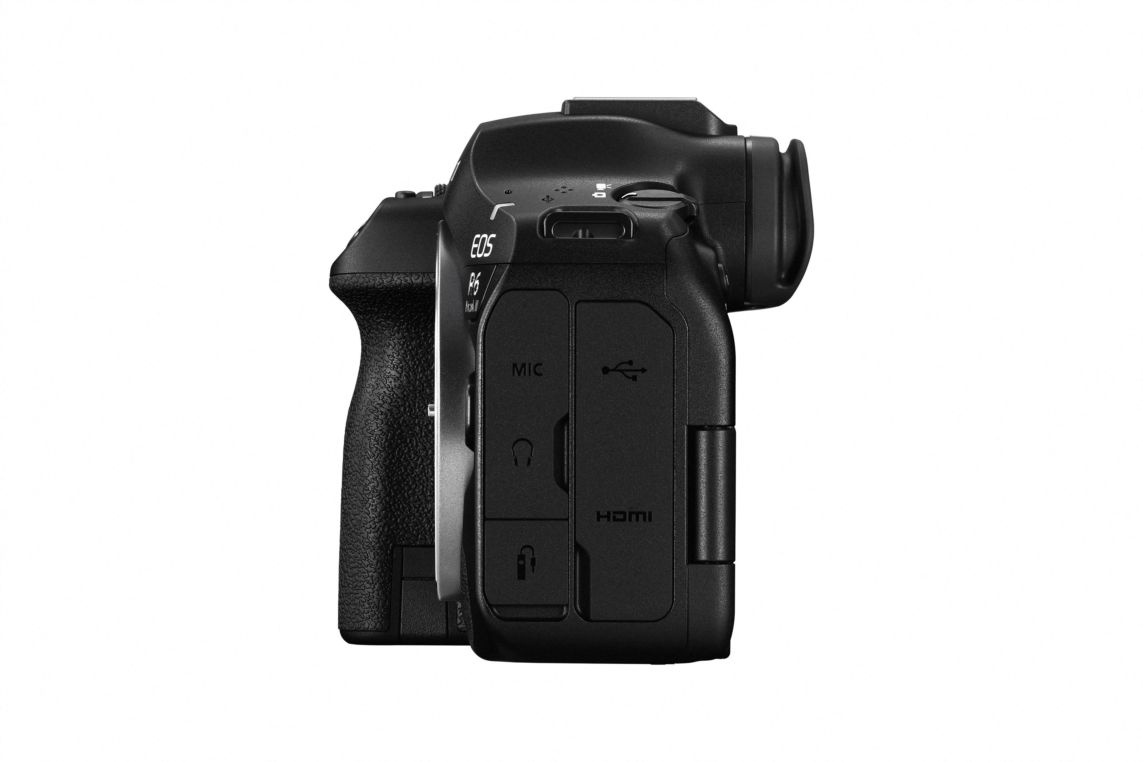 Schwarze Canon EOS R6 Kamera Seitenansicht. Merkmale: Knöpfe, Anschlüsse, Griff, sowie EOS R6.