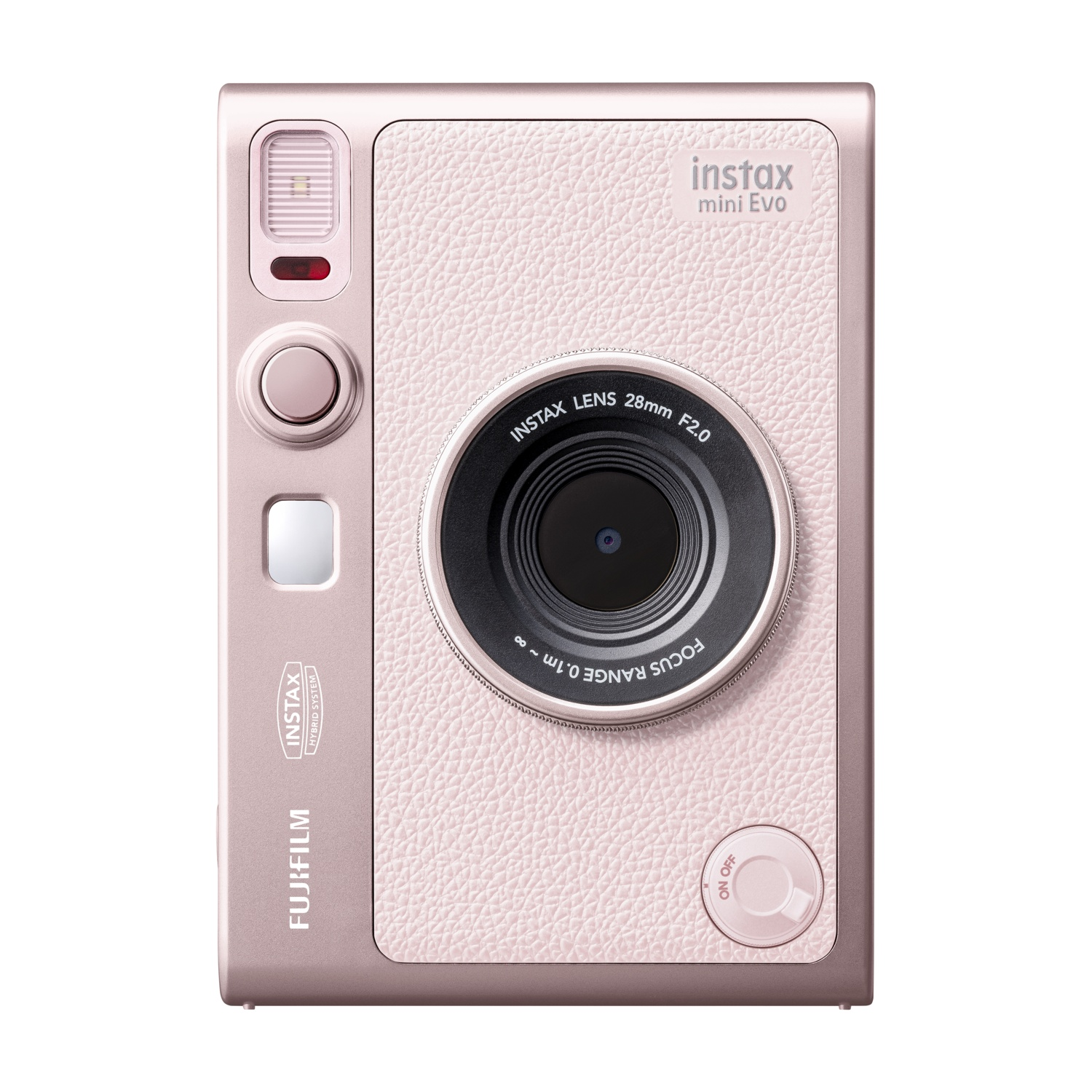Una fotocamera Instax Mini Evo rosa. Ha un obiettivo, un flash e vari pulsanti. Il marchio Fujifilm è visibile. La fotocamera è isolata.
