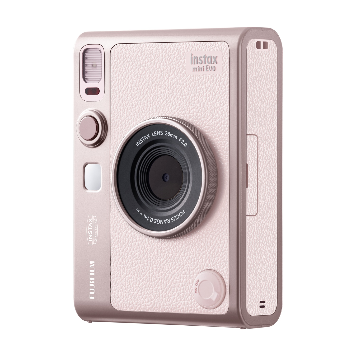 Una fotocamera Instax Mini Evo color oro rosa. Ha un obiettivo, pulsanti e una finitura strutturata. La fotocamera è su sfondo bianco.
