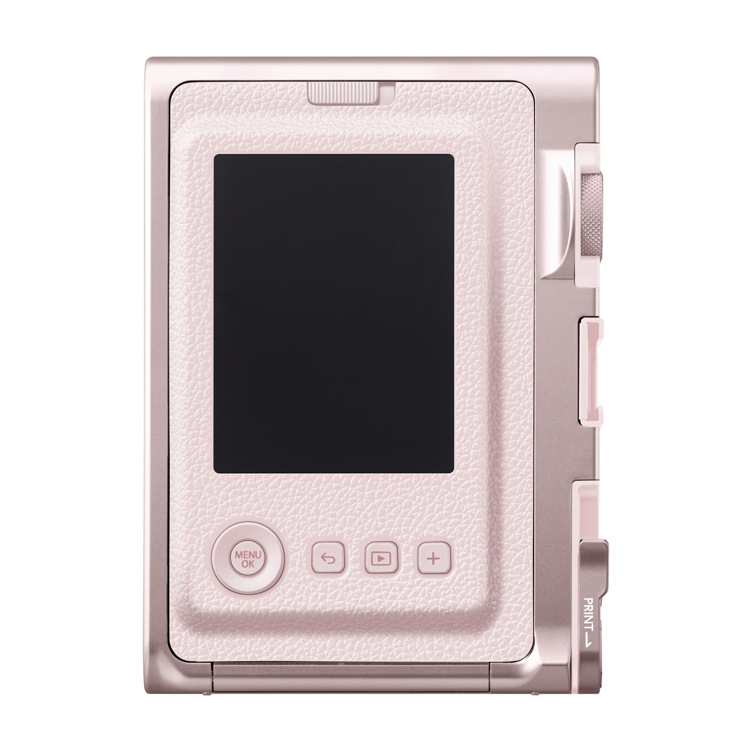Una fotocamera istantanea rosa, rivolta in avanti. Ha uno schermo nero, pulsanti e un'impugnatura strutturata simile alla pelle.