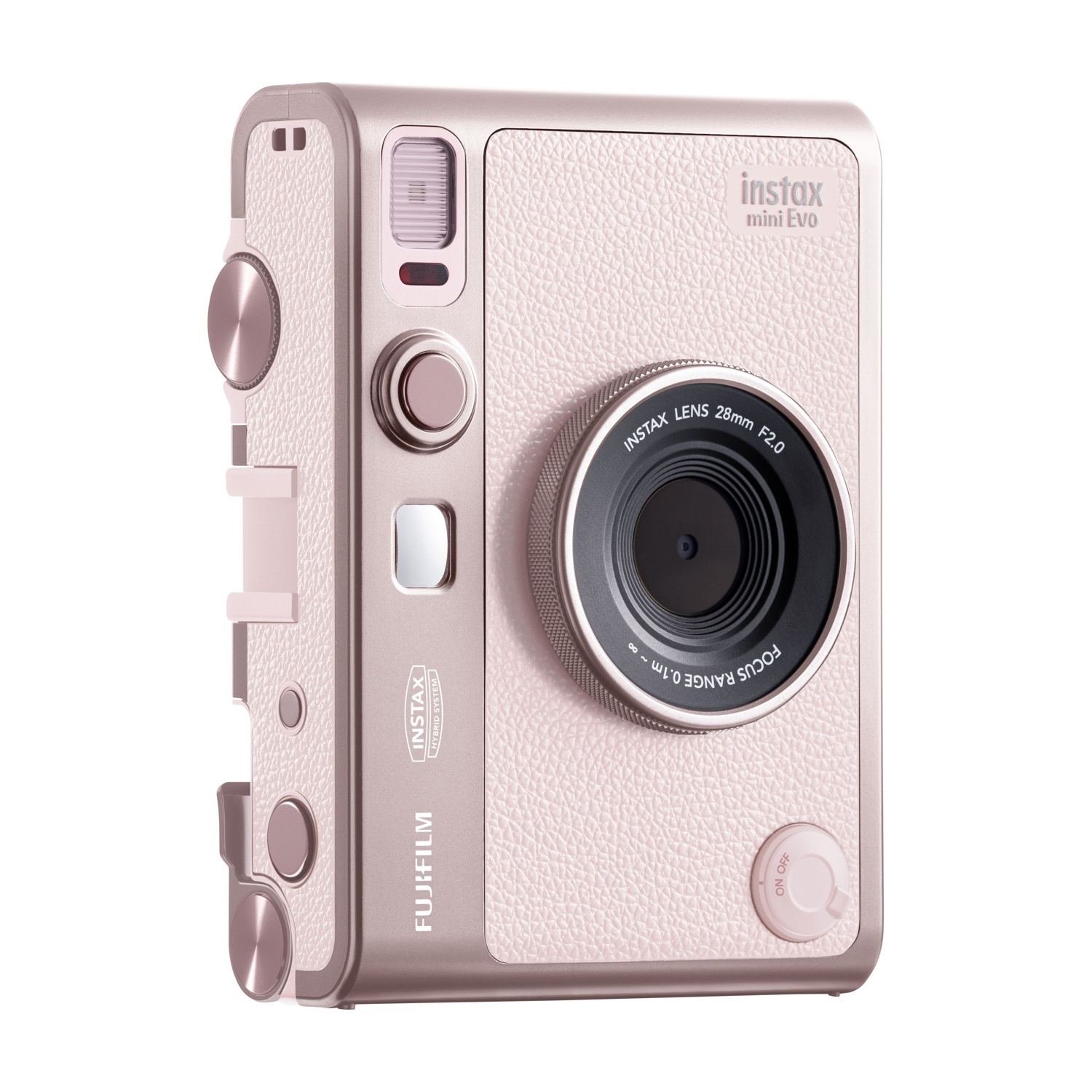 Una fotocamera Instax Mini Evo color oro rosa. Ha un obiettivo, pulsanti e un corpo strutturato. La fotocamera è su sfondo bianco.