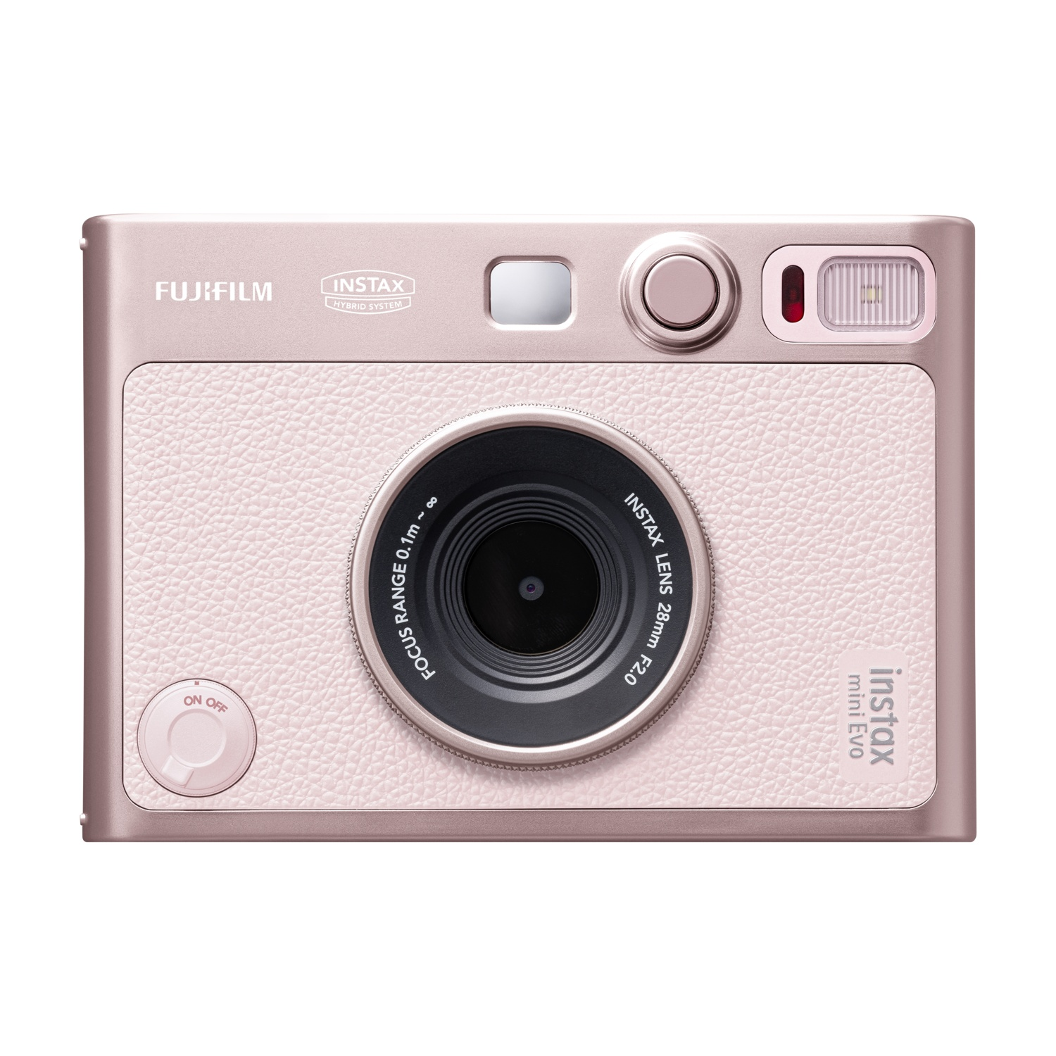 Una fotocamera rosa Instax Mini Evo con obiettivo, flash e pulsanti. Ha il marchio Fujifilm e Instax.