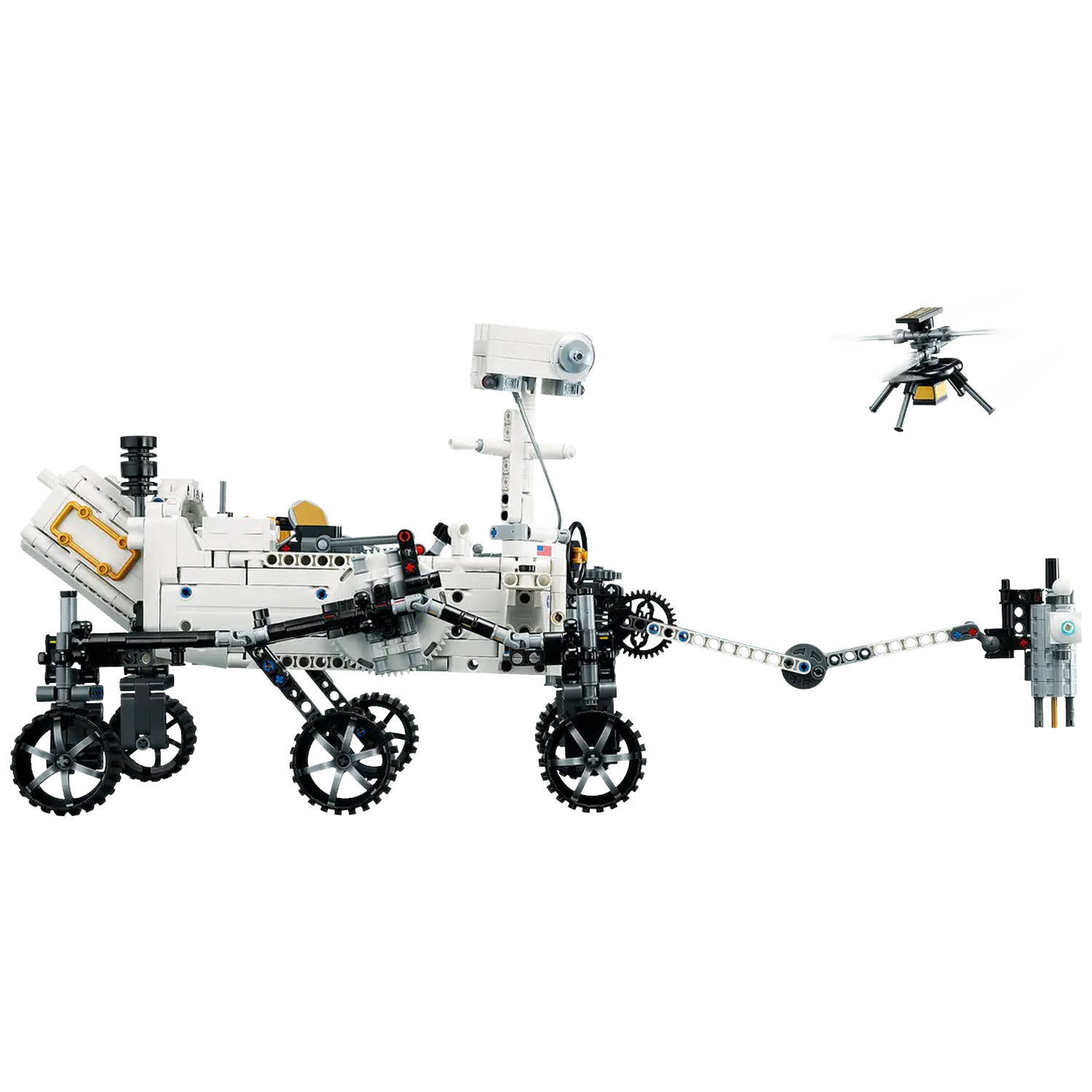 A white Lego Mars rover model with black wheels, a long arm, and a small black drone in the air. White background.