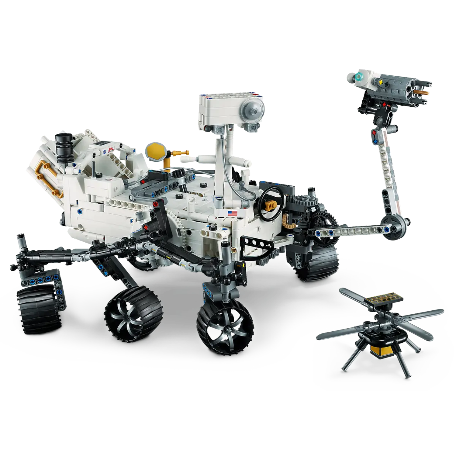 A white and black Lego Mars rover model with multiple wheels, a camera, and a small helicopter model, set against a white background.