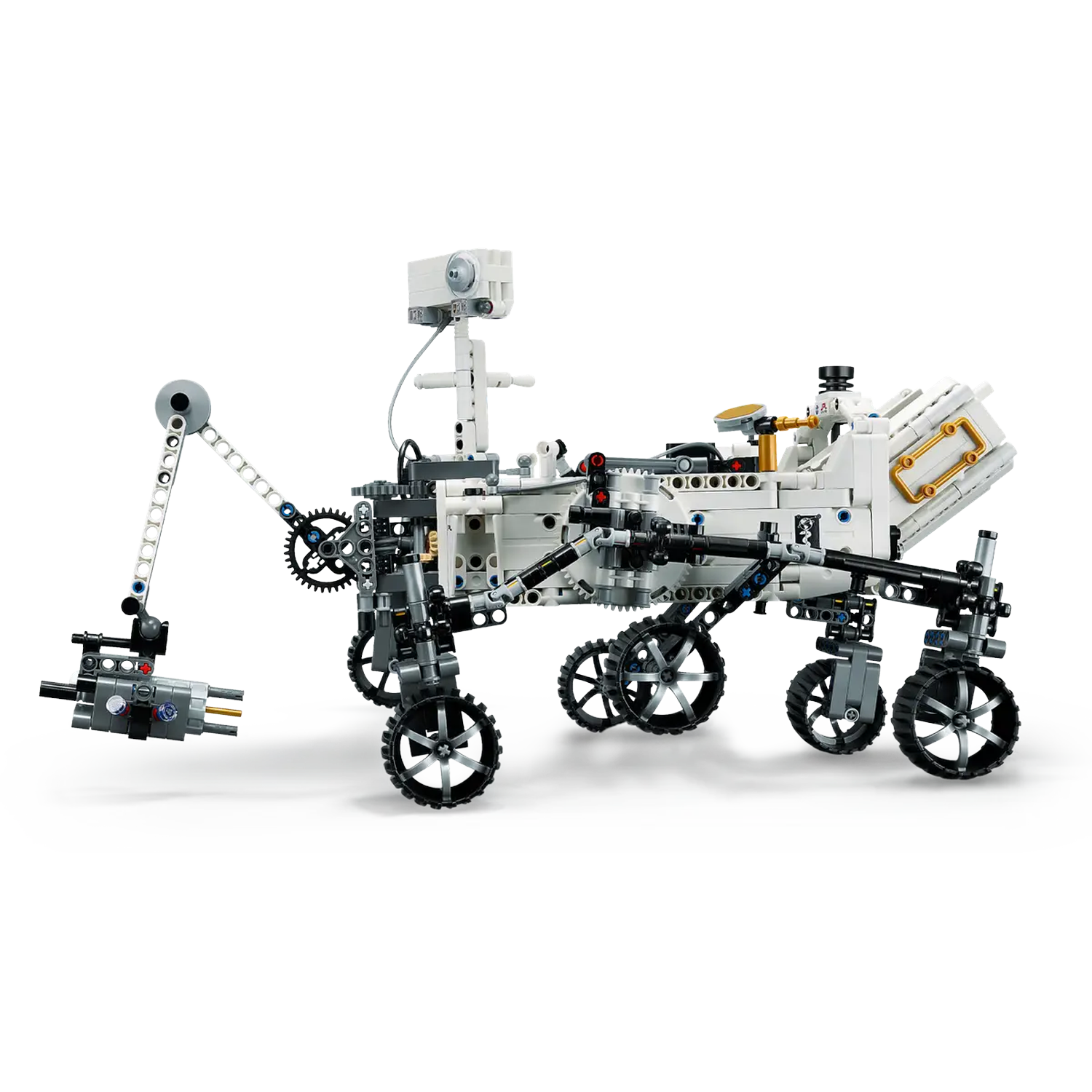 A white and gray Lego Mars rover model with multiple wheels and an articulated arm, set against a white background.