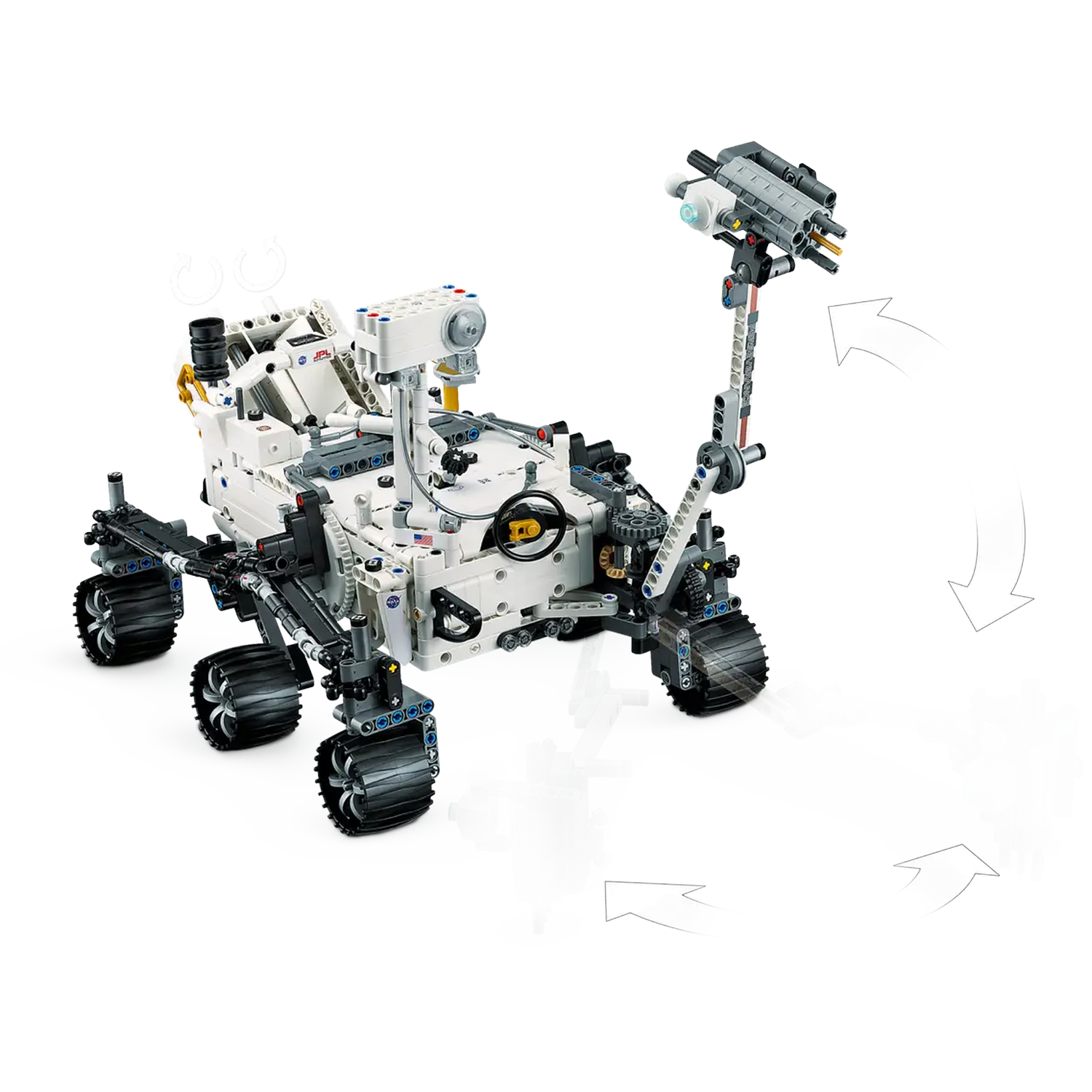 A white Lego model of a Mars rover with six wheels, a tall arm, and various mechanical details. Arrows indicate movement.