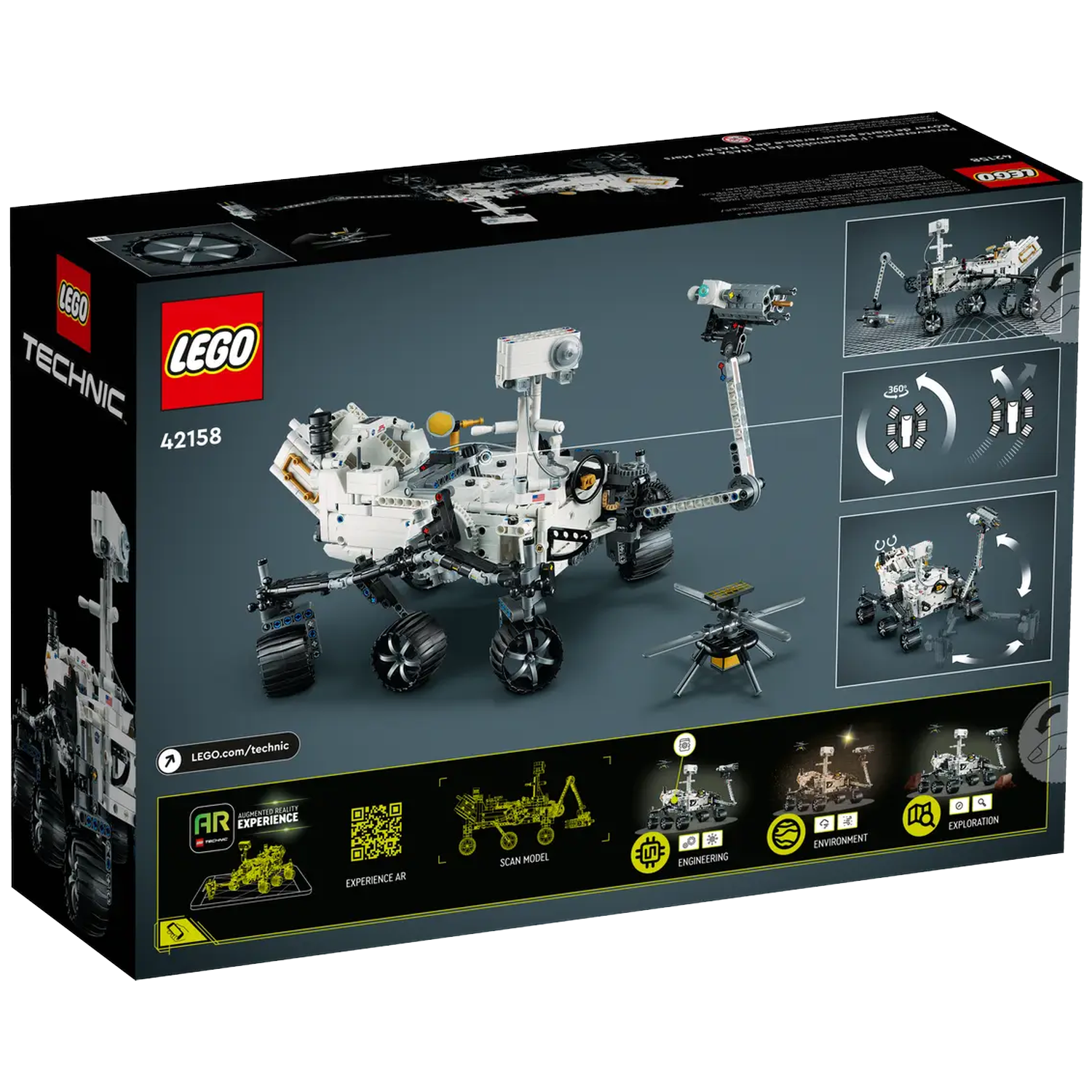 Lego Technic box. A white and black model of a Mars rover and helicopter are shown with other diagrams and text.