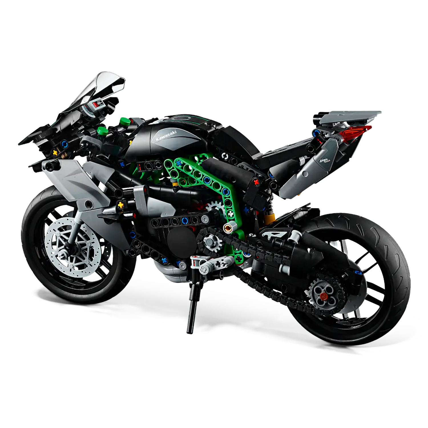 A black and green Lego Kawasaki motorcycle model. It has a windshield, detailed engine, wheels, and a kickstand. The background is white.