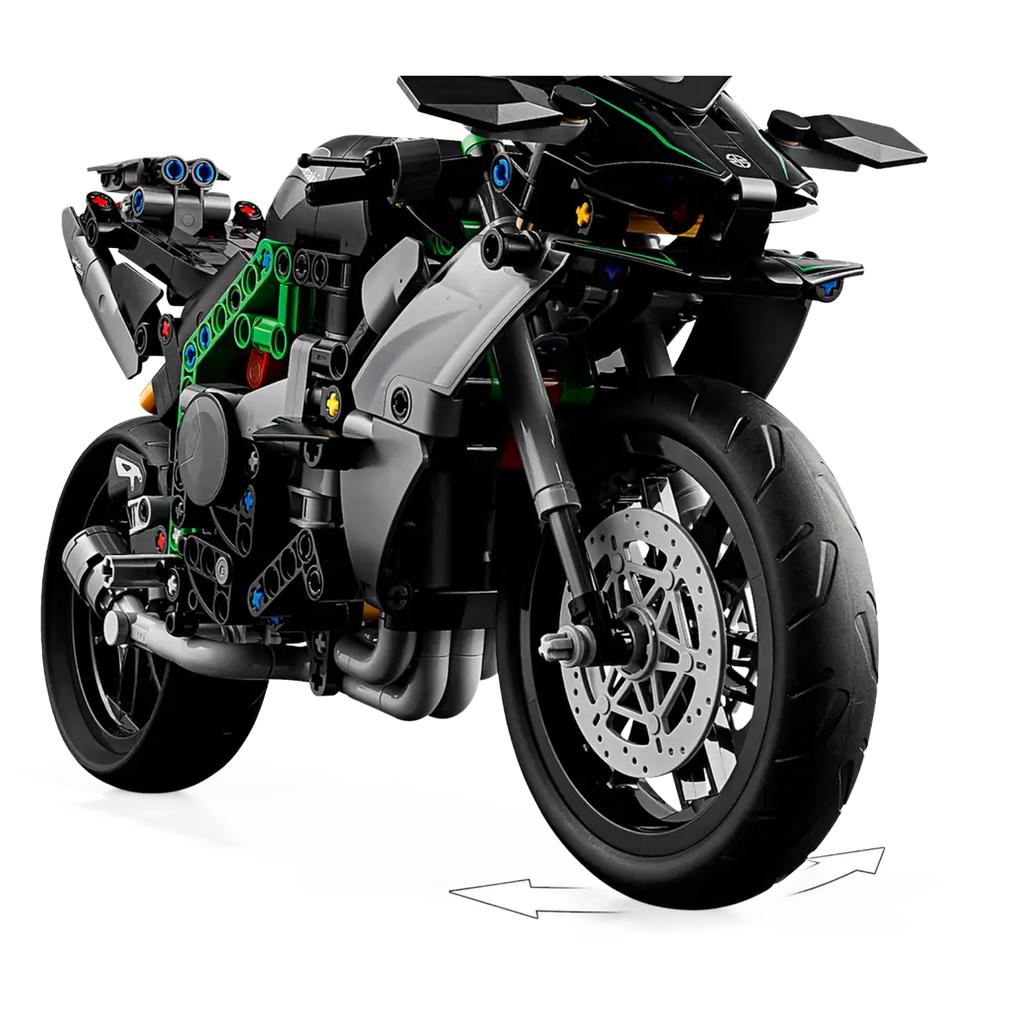 A black and green Lego motorcycle is displayed. It is on a white background. The front wheel is large, with a disc brake.