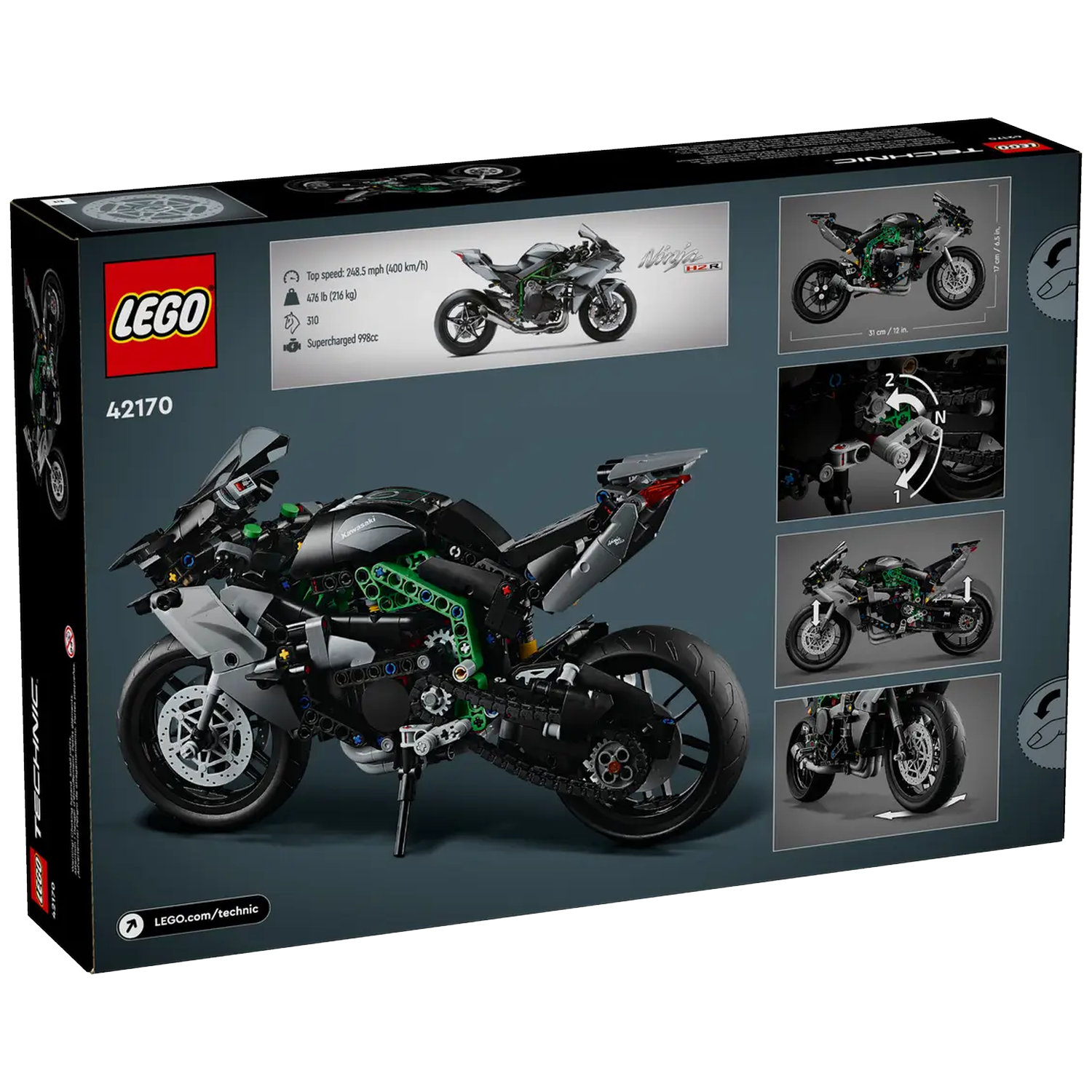 A Lego Technic box shows a black and gray Kawasaki Ninja H2R motorcycle model. Several smaller images and specifications are present.
