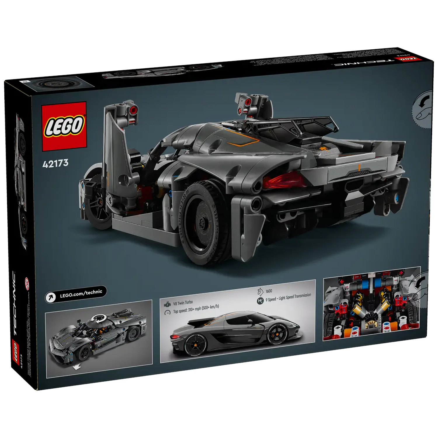 Een Lego Technic auto set box. De doos toont een grijze Lego auto, met details over de motor en de snelheid van de auto.