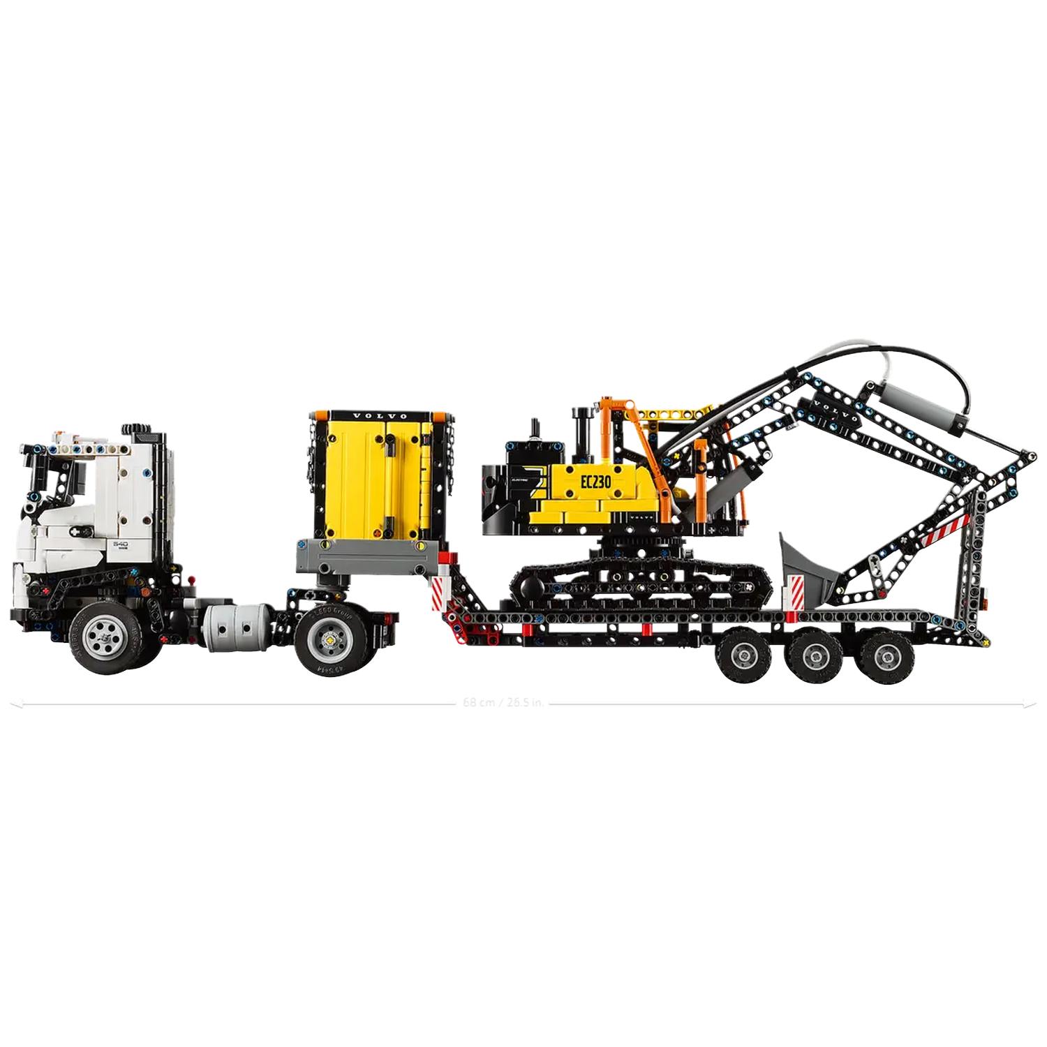A Lego Technic truck with a yellow and black excavator on a trailer. The truck is white, the excavator is yellow and black.