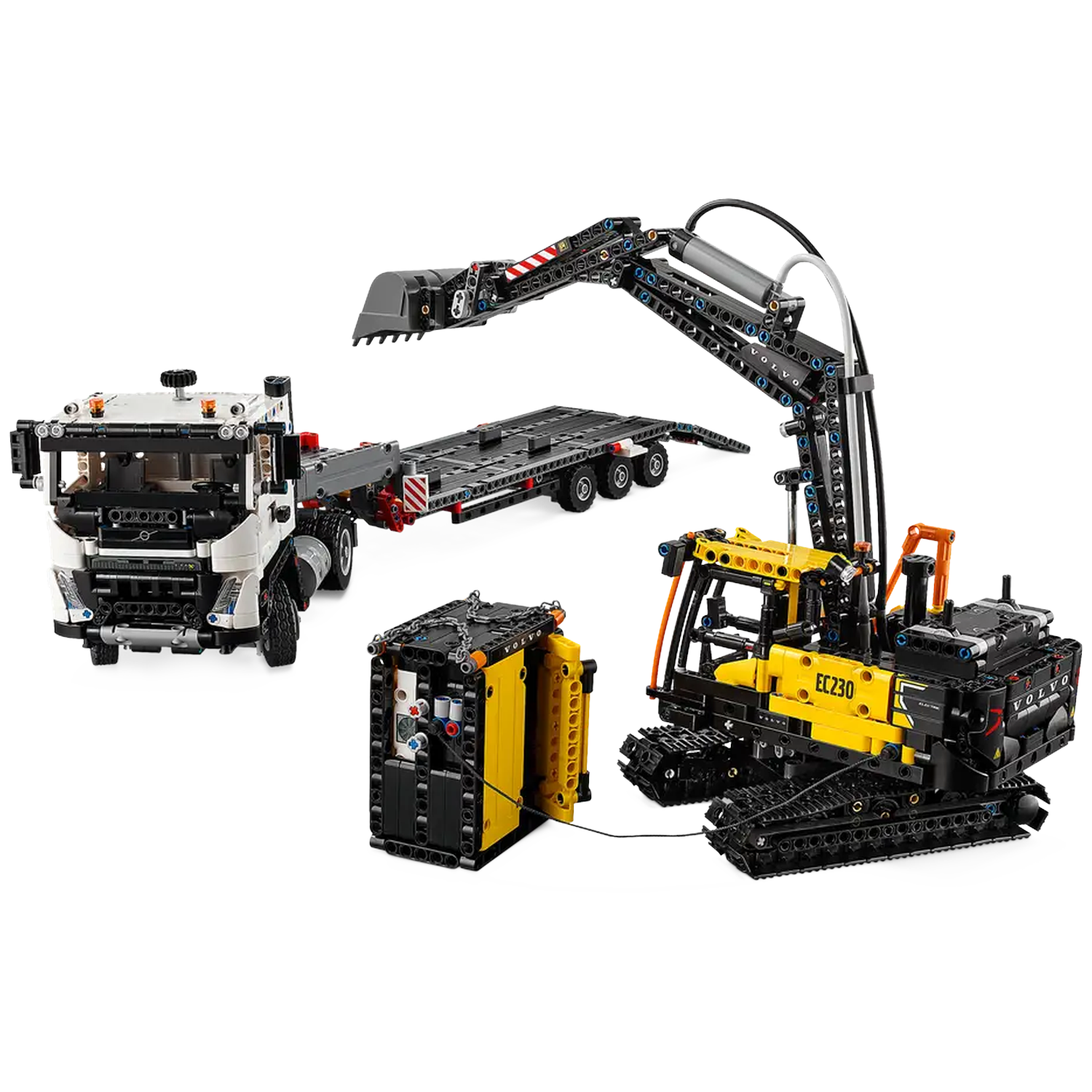 A white truck and a black trailer are next to a yellow and black excavator toy. A yellow box is also present.