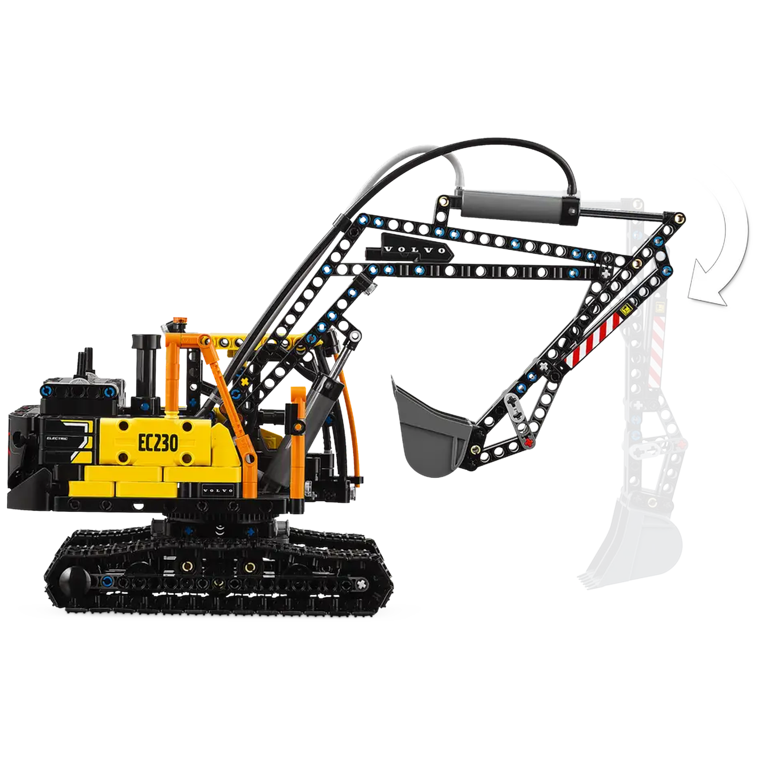 A Lego model of a yellow and black excavator, EC230, with a moving arm and bucket, on a white background.