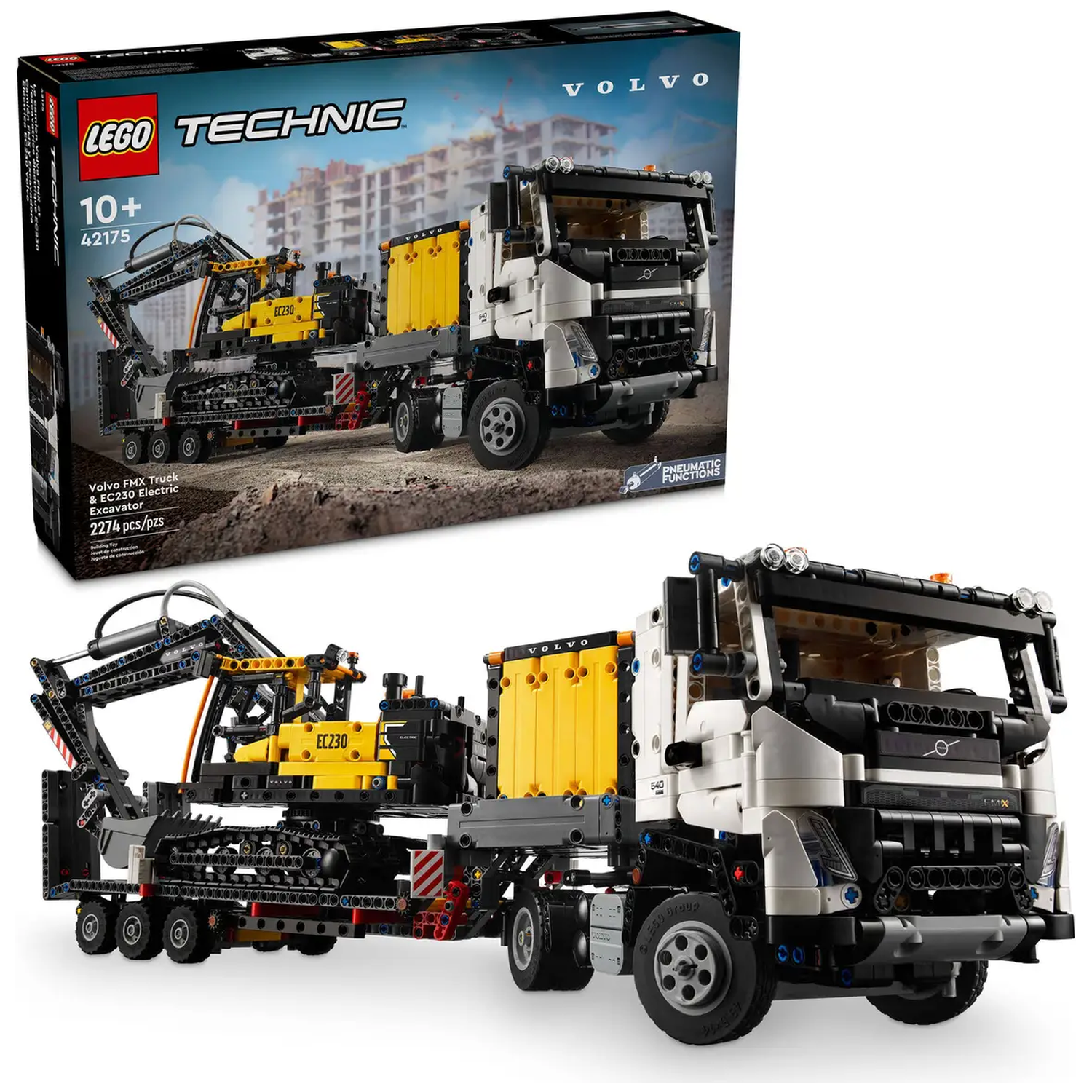 A Lego Technic set featuring a Volvo truck carrying an EC230 excavator. The set is mostly black, white, and yellow.