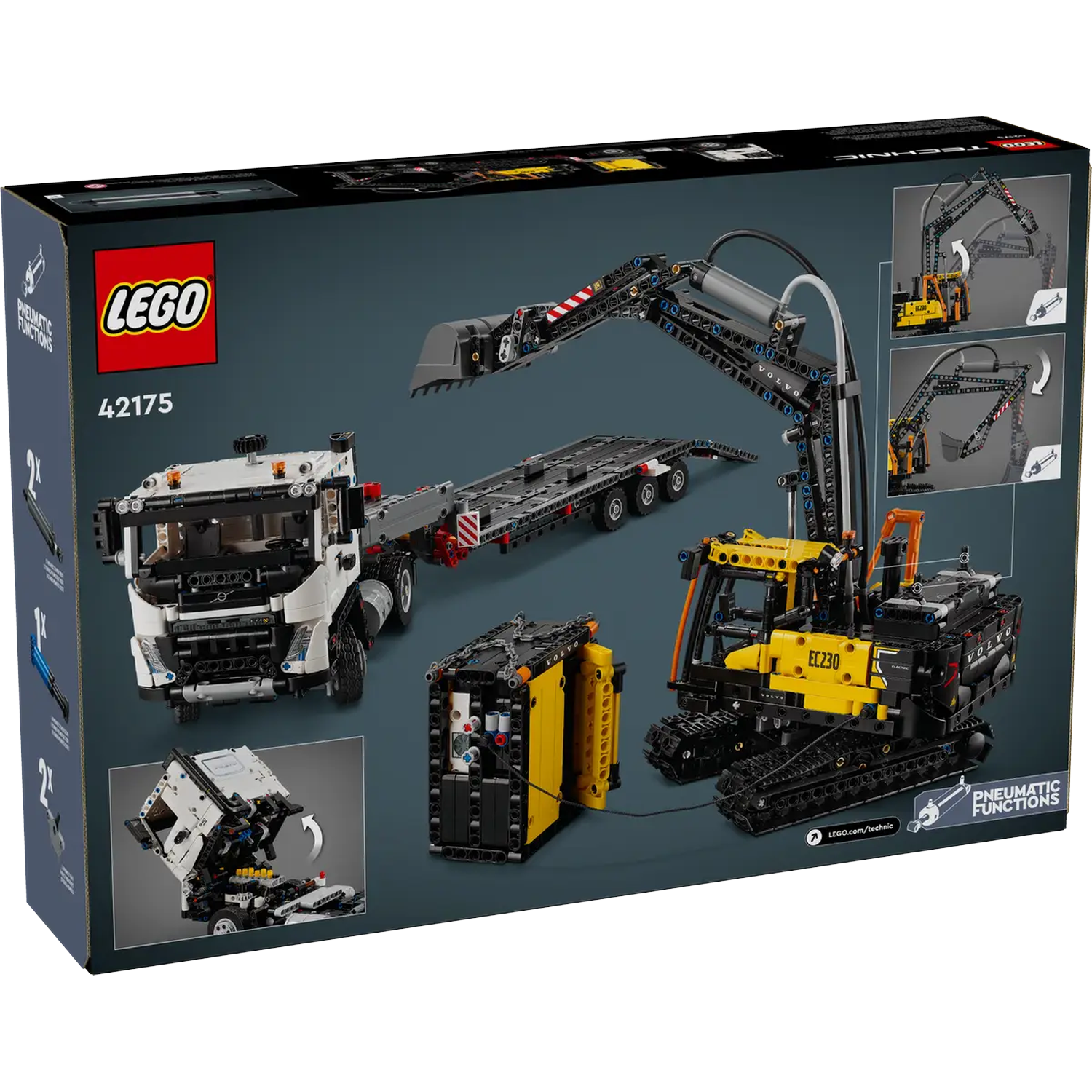 LEGO Technic box set featuring a white truck, black trailer, yellow excavator, and additional components, all on a gray background.