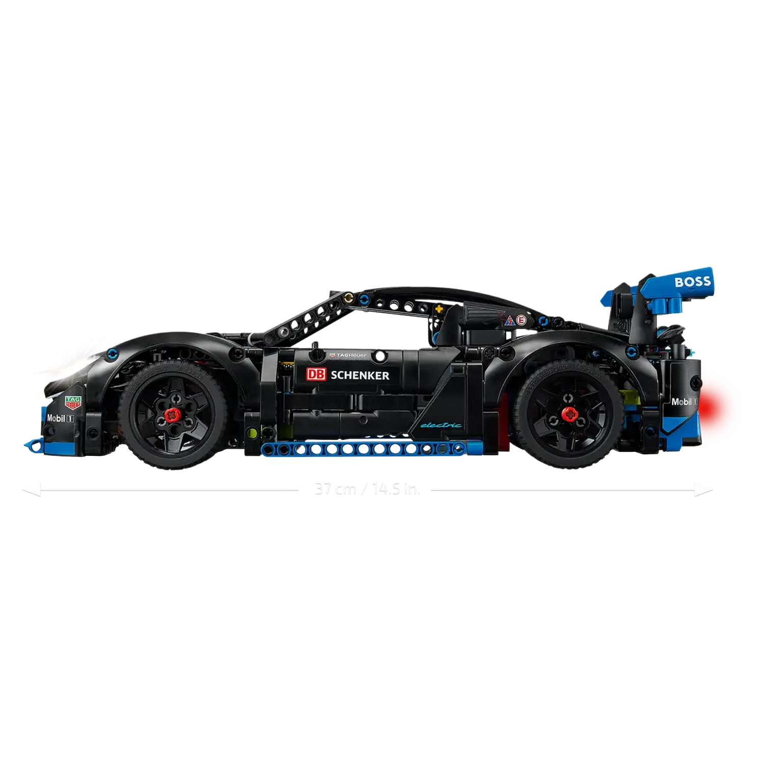 A black Lego sports car model with blue accents, red wheels, and sponsor logos. The car is 37 cm long.