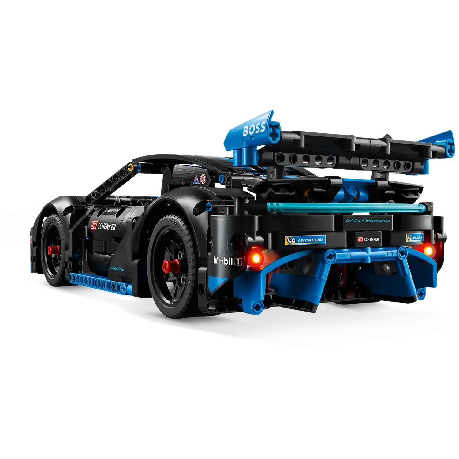A black and blue Lego Technic race car model with sponsor logos, a large rear wing, and red taillights.