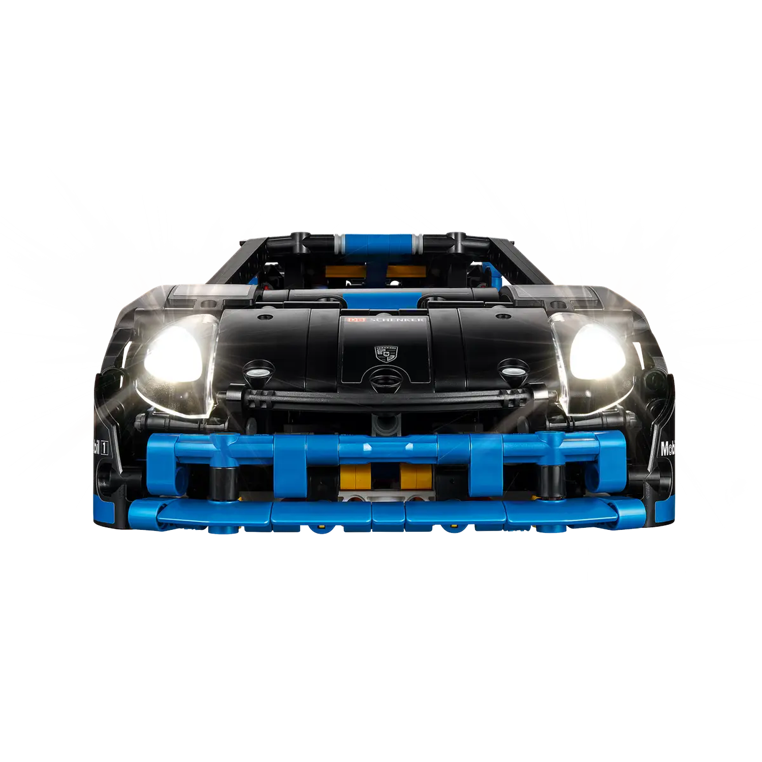 Front view of a black and blue toy car with lights on, on a white background. The car has the Porsche logo.