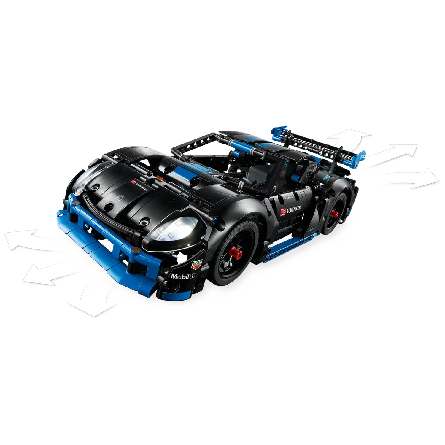 A black and blue toy car with white arrows emanating from it. The car has the words 'Mobil 1' and 'Schenker' on it.